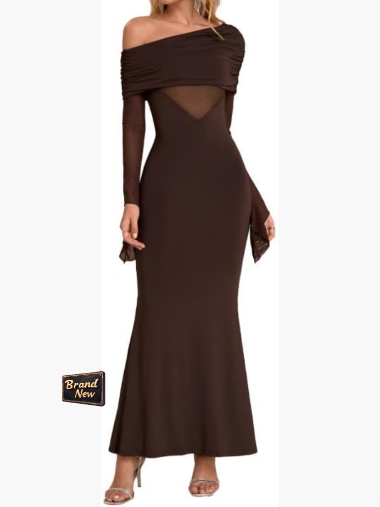 One Shoulder Bodycon Maxi Dress Long Sleeve Formal Wedding Guest